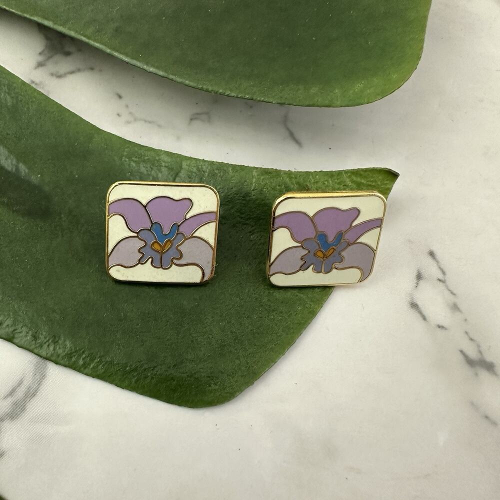 Laurel Burch Vintage Orchid Floral Stud Earrings Purple White Tropical Square
